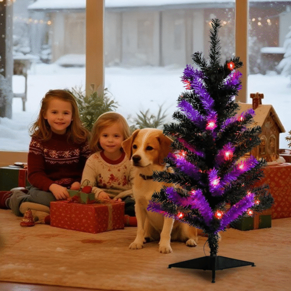 2.7 FT Lighted Black & Purple Halloween and Christmas Tree with LED Lights and Timer – Ideal for Home, Office, or Event Decor